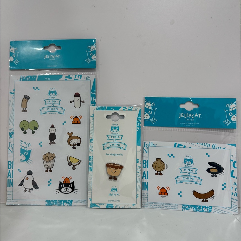 Jellycat Fish & Chips Pie Pin + Sticker Collection